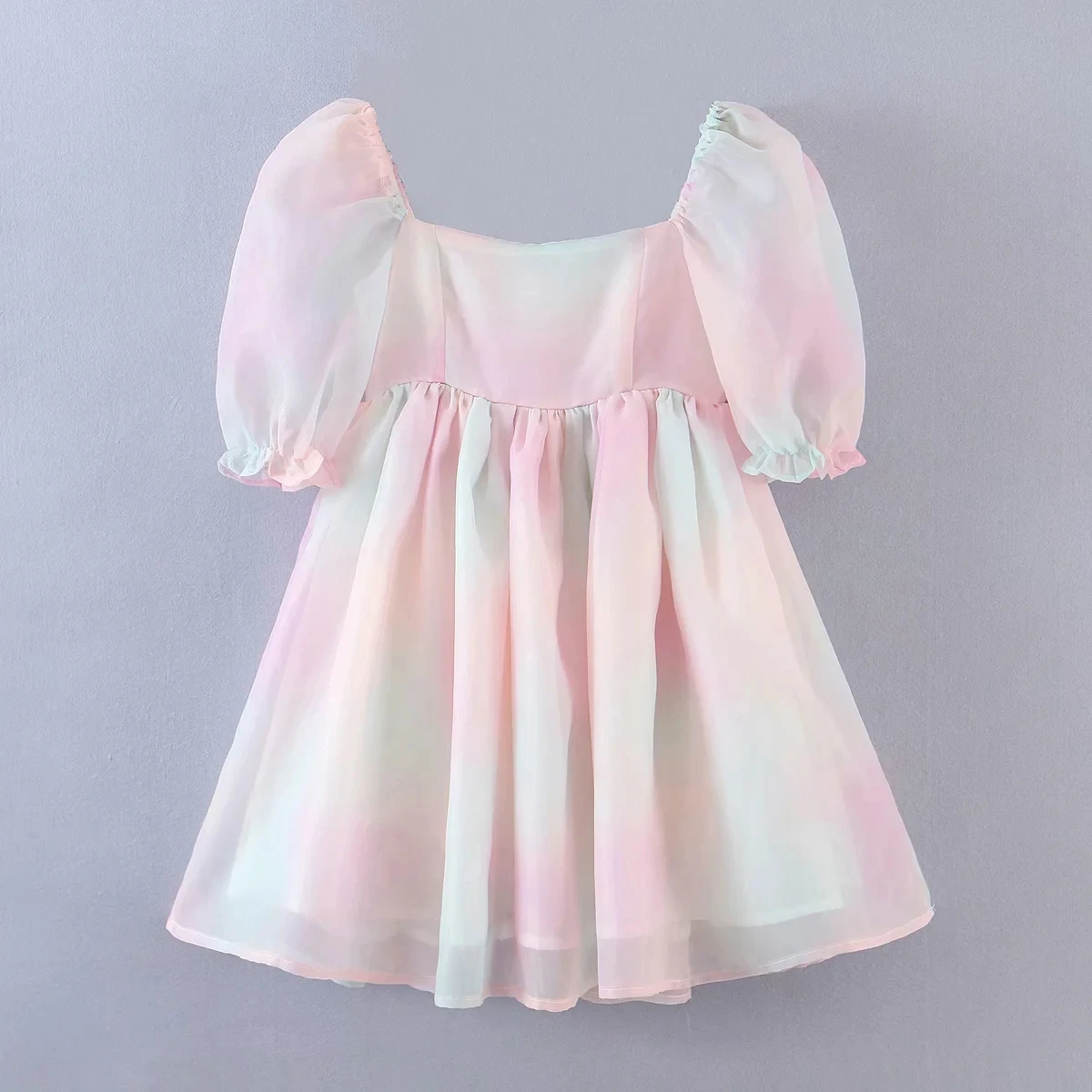 

Foridol Tie-dyed Rainbow Organza Dress A-line Puff Sleeve Cute Summer Dress for Women 2021 Skater Short Dress Party Holiday