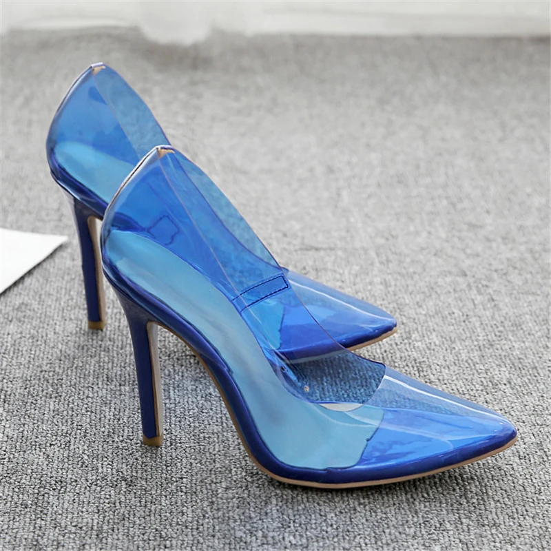 Женские прозрачные туфли на тонком высоком каблуке 11 см синие туфли-лодочки из