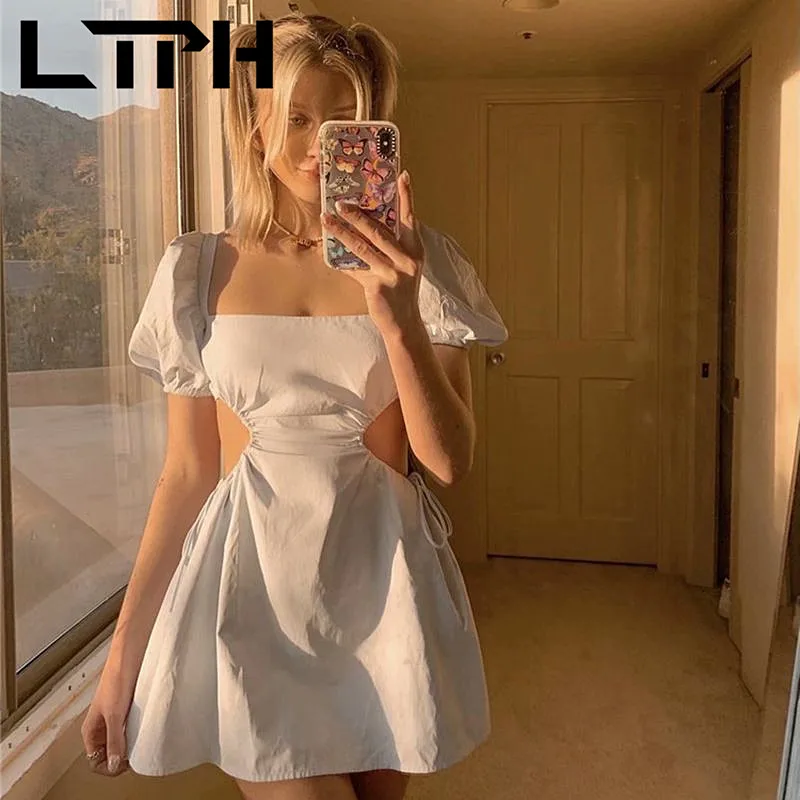 

LTPH ins Resort women dress sexy hollow big Backless Lace-up square collar puff sleeve solid short A-line dresses 2021summer new