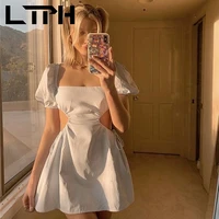 ltph ins resort women dress sexy hollow big backless lace up square collar puff sleeve solid short a line dresses 2021summer new