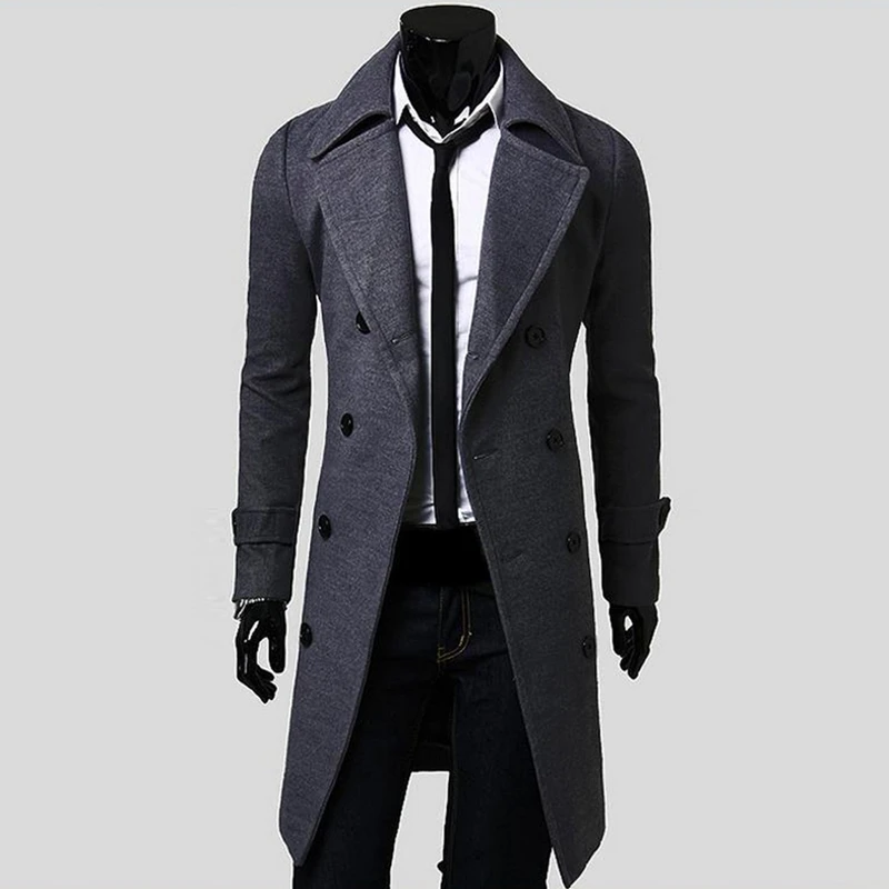 

LOVZON Long Slim Men Wool Trench Coat Double-breasted Lapel Windbreaker Male Fashion Autumn Winter Coat Long Design Trench Male