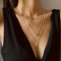 retro heart moon double pendant necklace set for women hip hop copper alloy multilayer clavicle chains choker female new jewelry
