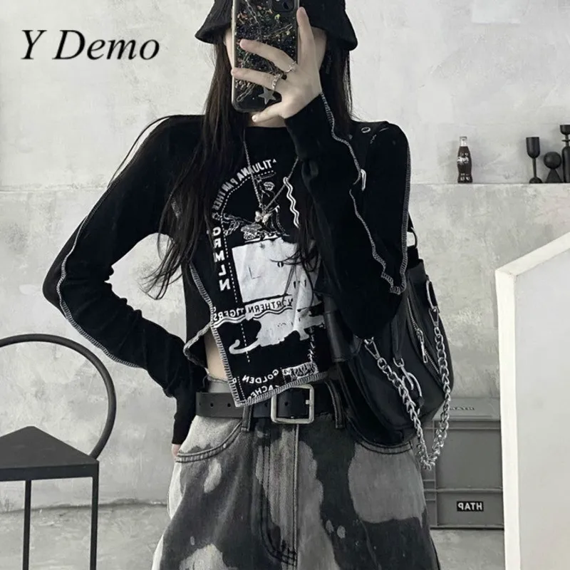 Y демо Harajuku нерегулярные длинный рукав футболка женская для фотосъемки в стиле