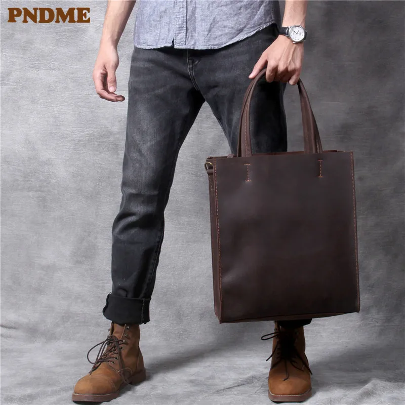 PNDME fashion vintage genuine leather men's tote bag casual simple crazy horse cowhide shoulder bag holdall large laptop handbag