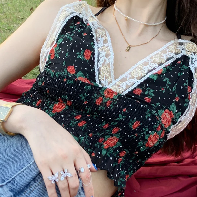 

Кружевной шифоновый укороченный топ в стиле пэчворк, Женский пикантный эластичный Топ со складками и открытой спиной, женский топ с цветочн...