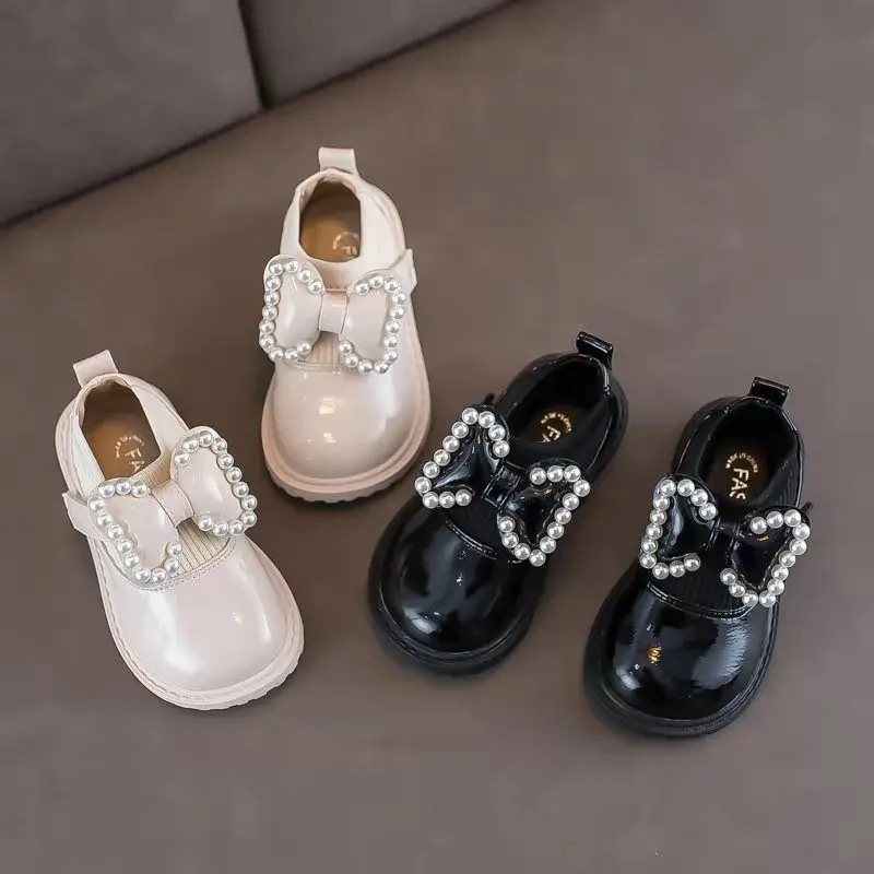 Zapatos de suela blanda para ni&ntilde;os y ni&ntilde;as, zapatillas de princesa con lazo y perlas, de cuero PU, para primavera y oto&ntilde;o-1