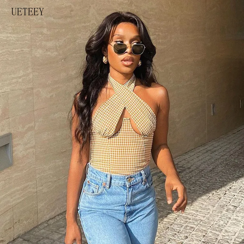 

UETEEY 2021 Summer Gingham Tops for Women Sexy Vintage Bustier Plaid Hlater Backless Crop Tank Top Y2k Clothes