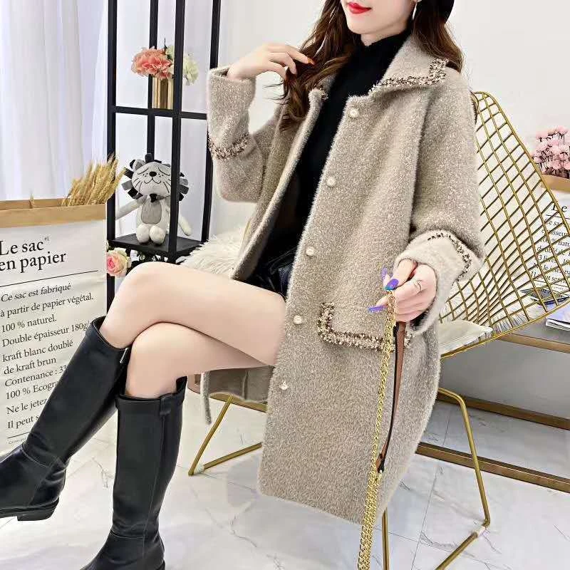 

Small Fragrant Mink Velvet Mid-length New Loose and Thin Women's Cardigan Thickened Autumn and Winter Woolen Coat