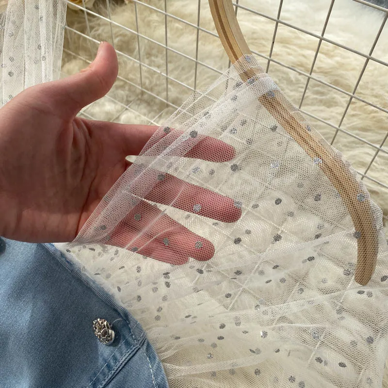 

Chic Design Perspective Polka Dot Mesh Long-sleeved Contrast Stitching Retro Double-breasted Belt Short Denim Dress for Women