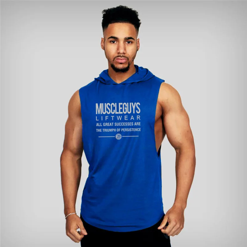 

Bodybuilding fitness men's hooded vest cotton moisture wicking training sports sleeveless waistcoat T-shirt men gym sweat vest