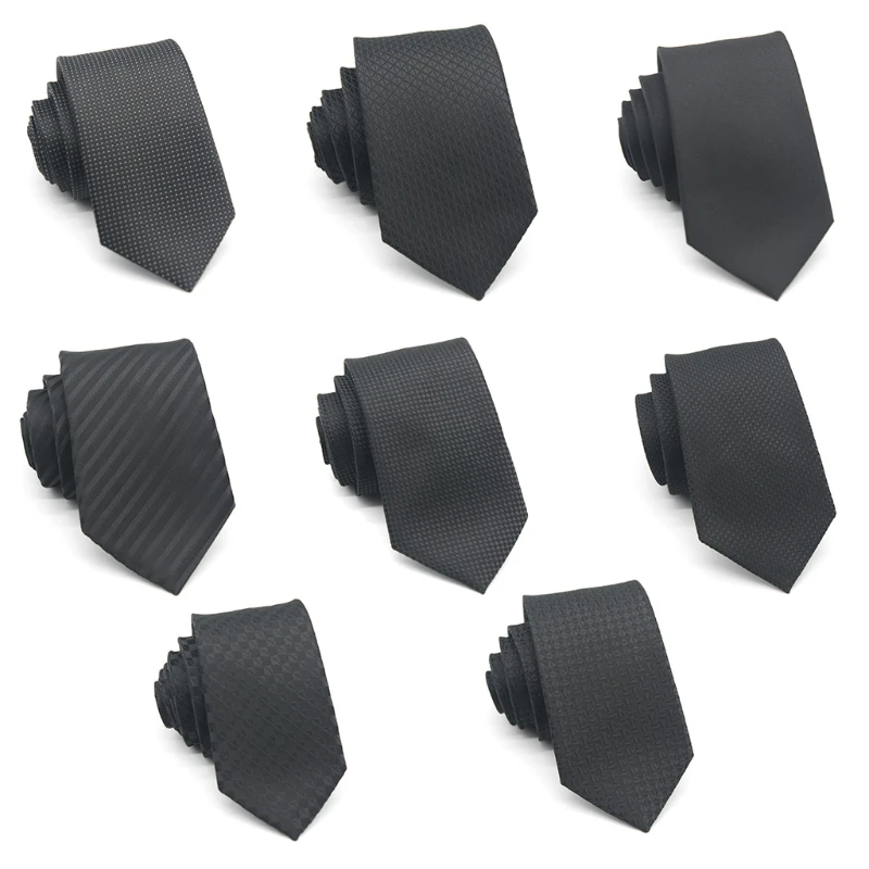 

F42F Mens Uniform Solid Color Black Polyester Neck Tie Striped Plaid Jacquard Pattern Formal Necktie for business Wedding