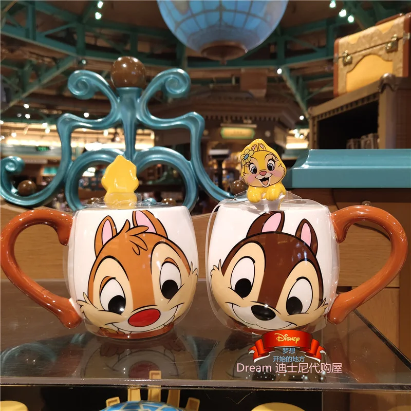 Taza de cer&aacute;mica de doble cara con cuchara, cute flower, chestnut, squirrel, chititi, Shanghai Disney-0