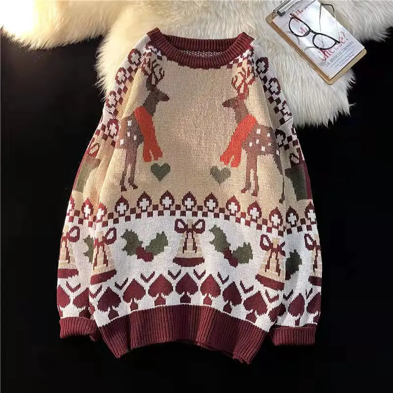 

Cartoon Deer Jacquard Vintage Knitted Christmas Sweater Women Couple Clothes O Neck Pullover Long Sleeve Winter Sweater Women BF