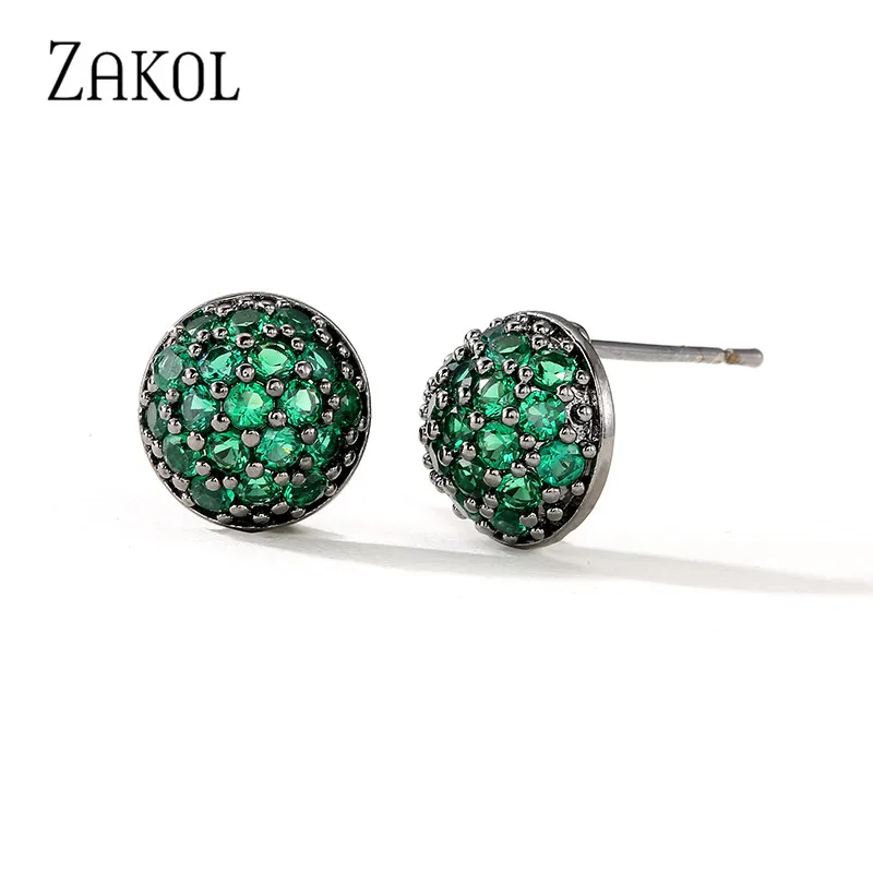 Женские серьги гвоздики ZAKOL зеленые круглые в стиле панк с фианитом черного и