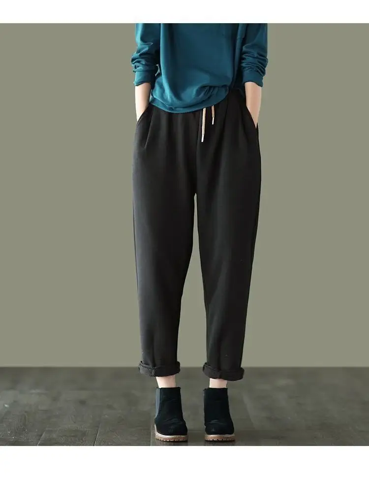 

Solid Color Harem Pants Fashion Women Green High Waist Casual Trousers Female Drawstring Pocket Sweatpants 2021 Spring