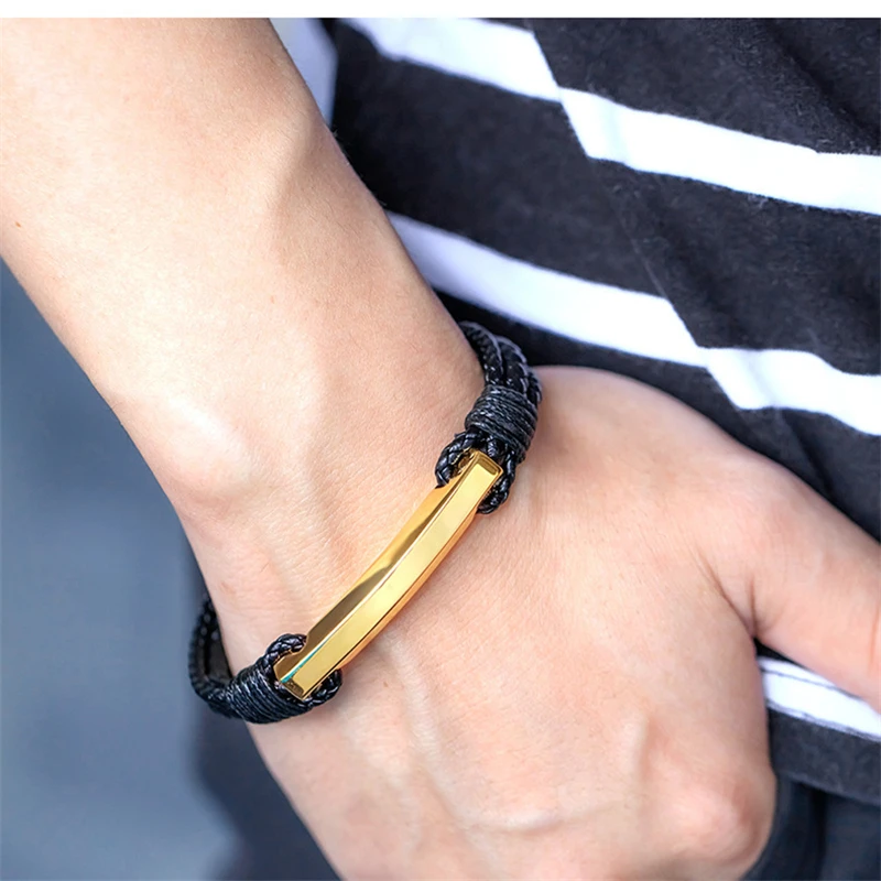 

High Polish Gold Color Stainless Steel Men Bracelets Fashion Hand-woven Black Leather Bracelet For Women Simple Jewelry Pulsera
