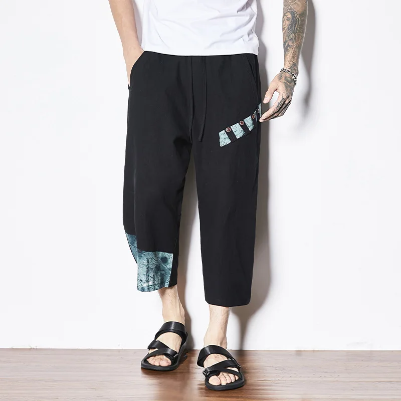 

#8069 Summer Black Grey Beige Vintage Cotton Lien Wide Leg Pants Men Retro Japanese Streetwear Trousers Thin Mens Joggers