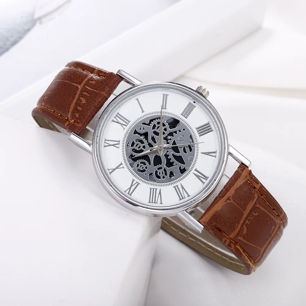 

Men Business Roman Digital Hollow Design Dial Fashion Leisure PU Leather Buckle Watchband Analog Clock Electronic Quartz Watch