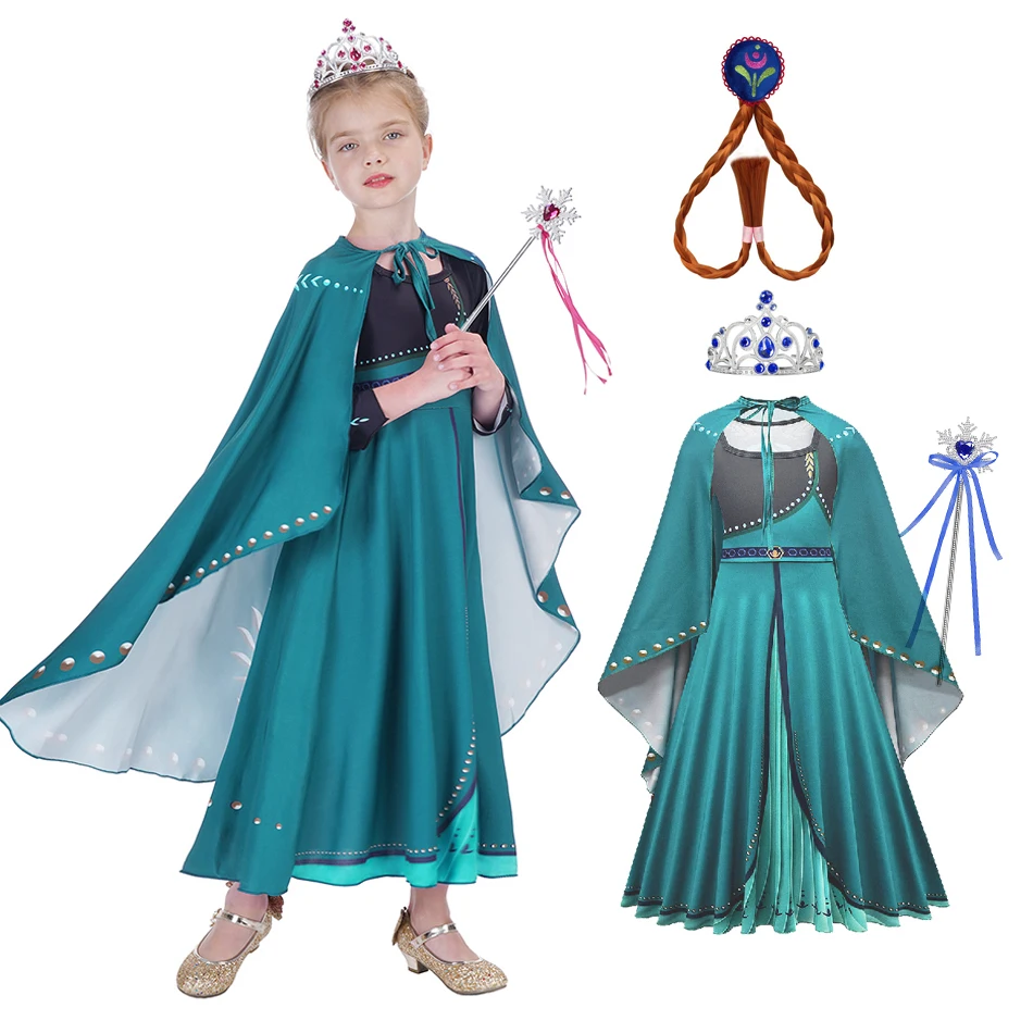

Kids Anna Cosplay Dress Girl Frozen 2 Blue Costume with Crown Sticker Gloves Carnival Party Brithday Long Princess Clothings JYF