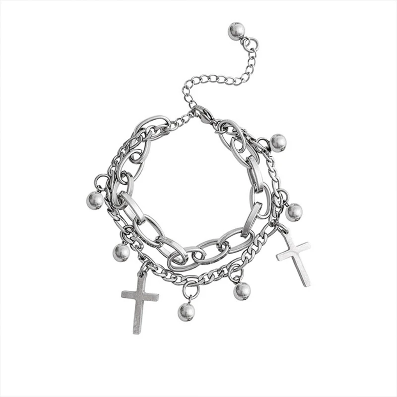 

Fashionable Bracelet Metal Cross Pendant Style Cool Jewelry 2 Layering Linked Chain Travel Souvenirs Gift for Girl Women