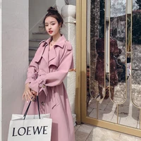 fashion new khaki pink trench coat for women double breasted long duster coat with belt lady windbreaker spring autumn outerwear