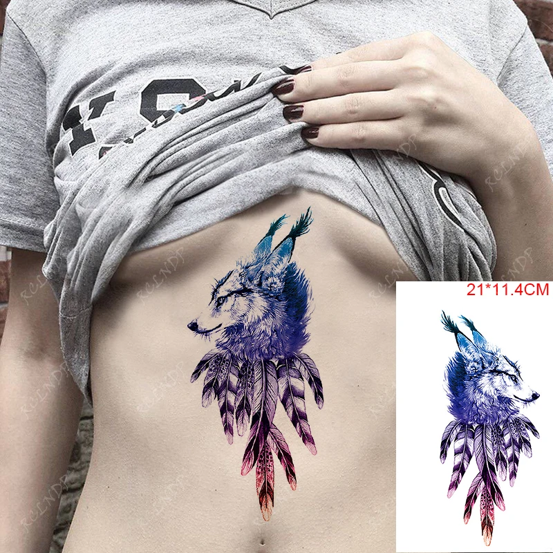 

Waterproof Temporary Tattoo Stickers Totem Wolf Color Feather Body Art Fake Tatto Flash Tatoo Stickers for Women Men