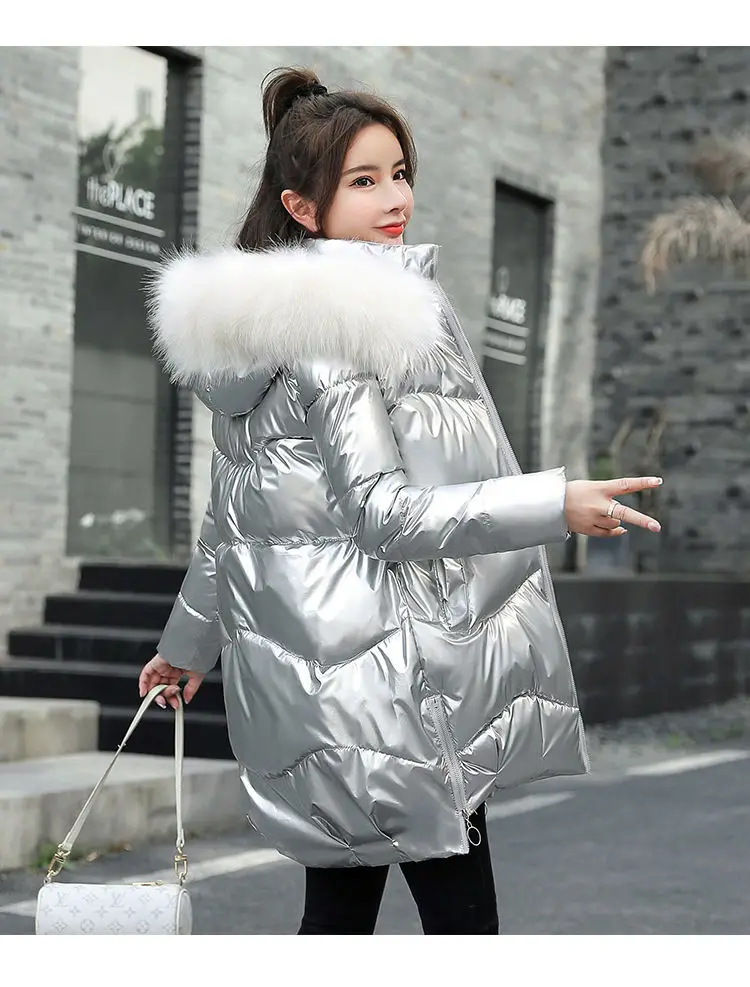 

Beardon Winter New Women Glossy Parkas Cotton Jacket Mid-Length Loose Padded Hooded Fur Collar Down Cotton Coat