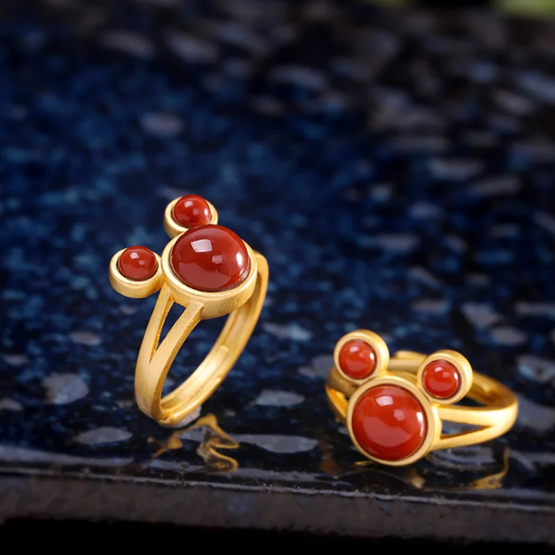 

S925 Silver Gold Plated Red Agate Open Ring Fashion Vintage Women Jewelry