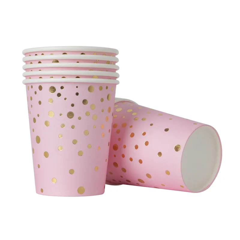 10 шт. одноразовая посуда бумажные тарелки стаканчики Золотой горошек розовый