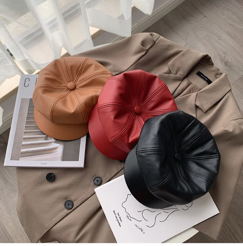 Берет женский из искусственной кожи восьмиугольная осенне-зимняя | Спорт и