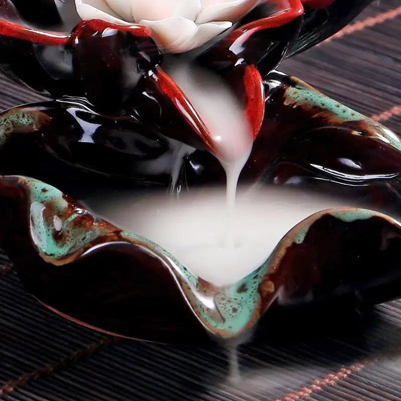 

Buddhist Backflow Incense Burner Chinese Vintage Lotus Incense Stick Holder Flower Shape Ceramic Smoke Waterfall Censer Decor