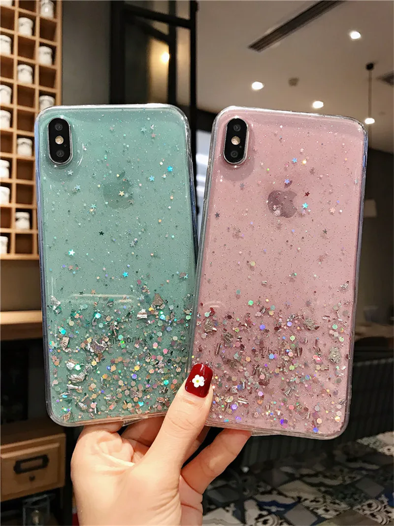 NJIEER Блестящий блестящий чехол для iphone X 11 Pro XS MAX XR Блестящий Прозрачный чехол для iphone 8 7 6 6S Plus Мягкий чехол из ТПУ