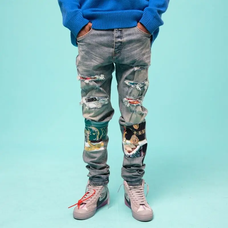 

2021 New Men's Retro personality Make High street Stretch Skinny Jeans Retro patch jeans