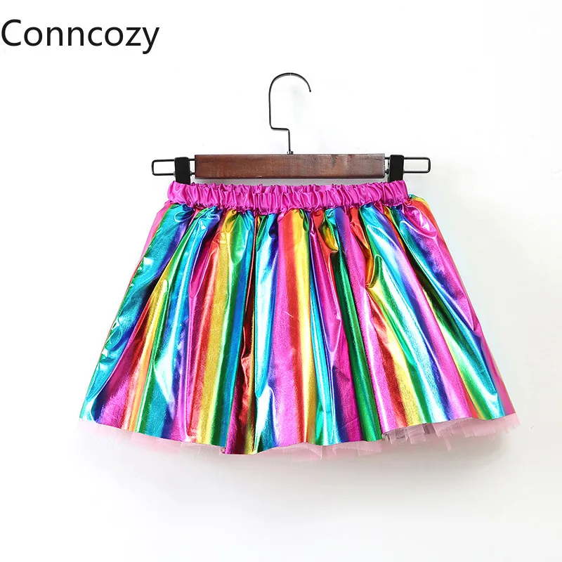 

2021 New Bronzing Rainbow Skirt Party Show Girls Skirt with Inner Lining Mesh Tutu Skirt Children's Skirt for Girls Mesh Skirt