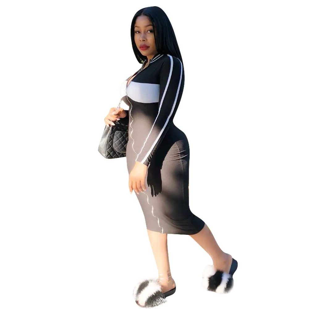 

Hot Sale at European and American Sexy Zipper Stripes Splicing Package Hip Skirt Nightclub Skirt 2 Colors