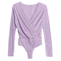 sexy bodysuits women long sleeve deep v neck pleated one piece slim rompers jumpsuit leotard tops body suit
