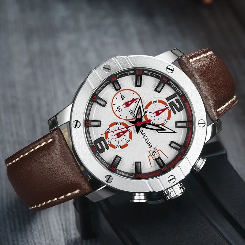 MEGIR Мужские часы с кожаным ремешком Топ бренд класса люкс водонепроницаемый