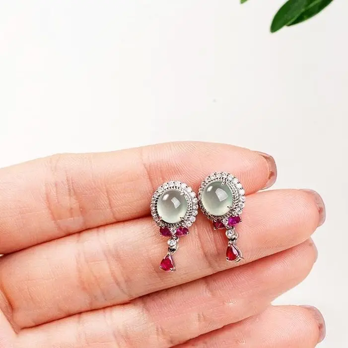 

Original new high ice transparent glass type diamond egg round earrings retro light luxury charm ladies brand silver jewelry