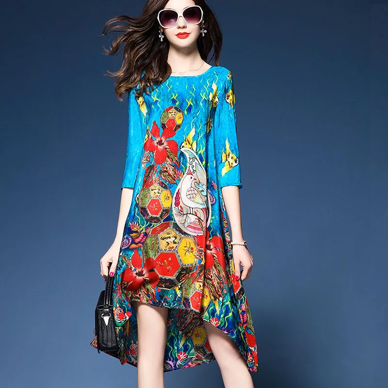 2019 новое летнее Ретро цветочное свободное платье с рисунком короткий рукав