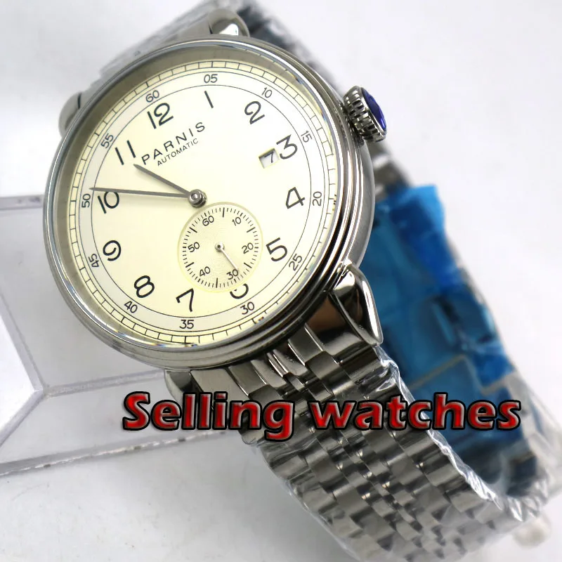 42 мм PARNIS бежевый циферблат индикатор Даты ремешок из нержавеющей стали