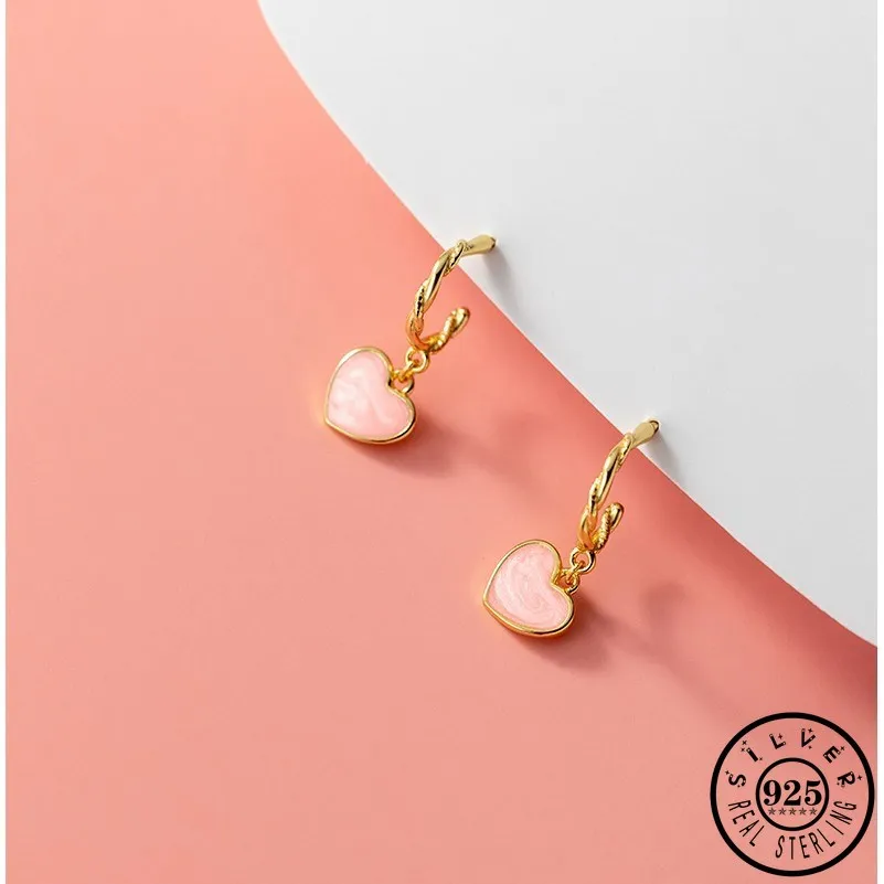 

925 Sterling Silver Small Pink Heart Shaped Pendant Gold Color Plated Party Hanging Dangle Drop Earrings for Women Young Girls