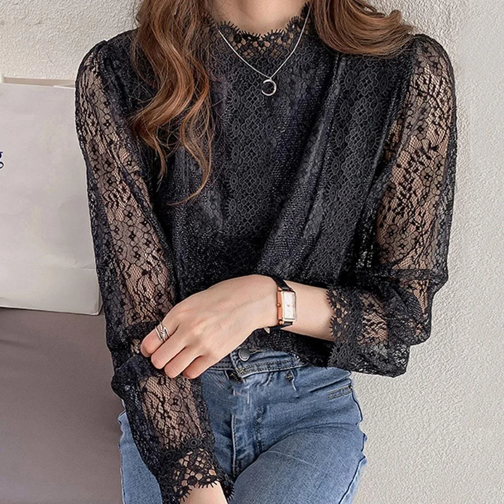 

SuperAen Half-high Collar Lace Shirt Women's 2021 New Fashion Loose Lantern Sleeve Tops Korean Bottoming Shirt