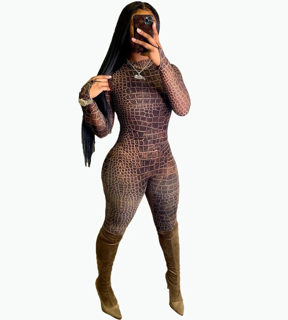 Сексуальное боди для женщин с длинным рукавом со змеиным принтом Комбинезон