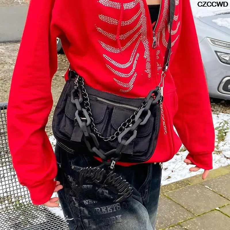 Za-Sudadera con capucha de talla grande con cremallera para mujer, calavera y ropa de vestir con estampado de diamantes de imitación, informal, Punk, Y2k, manga larga, Color Rojo