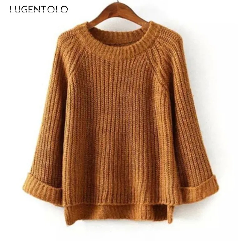 

Lugentolo Women's Sweater All-match Autumn Winter Curling Sleeve Round Neck Sweater female Loose Knitting Loose Sweaters