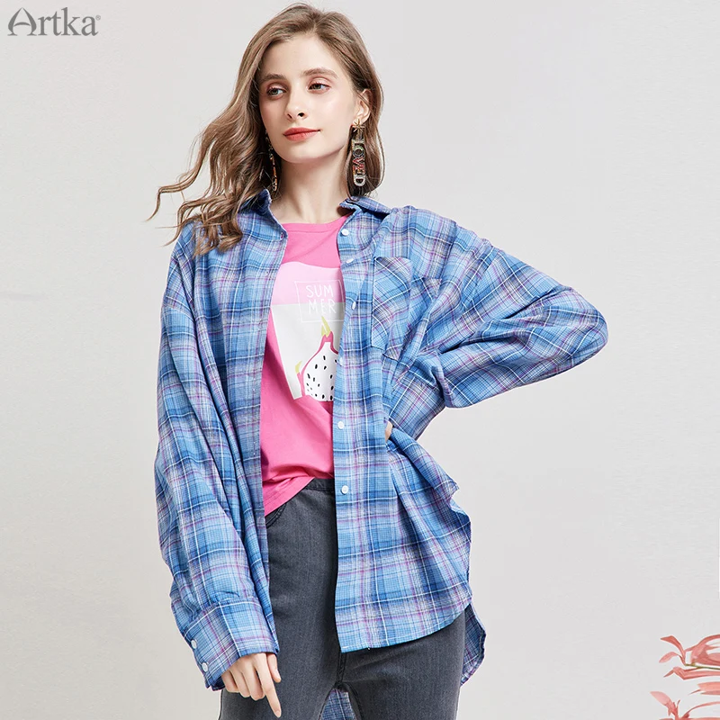 Женская винтажная клетчатая блузка ARTKA Повседневная Свободная из 100% хлопка с