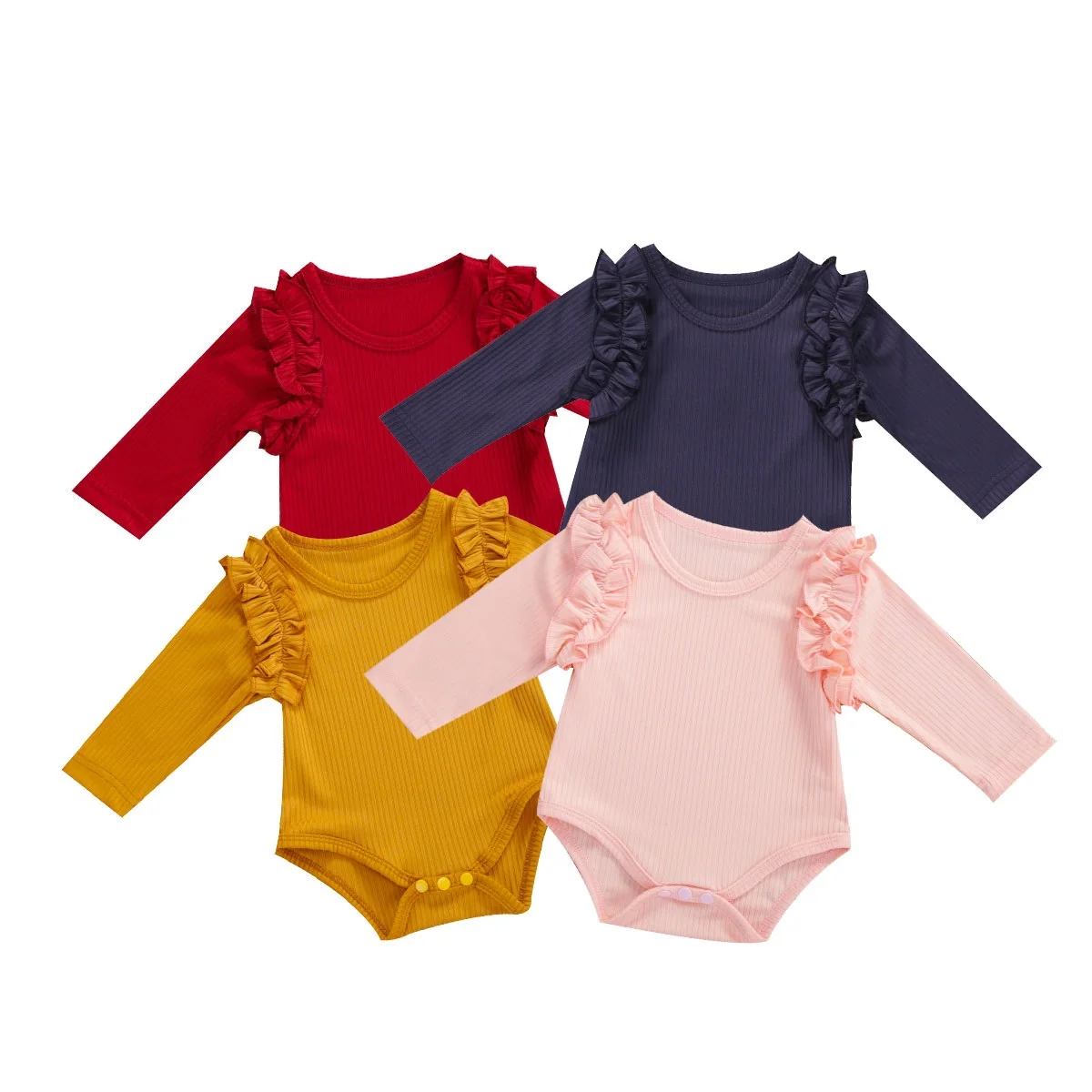 

0-18M Newborn Baby Girls Romper Solid Color Round Neck Long Sleeve Jumpsuit with Headband Sets Baby Clothing