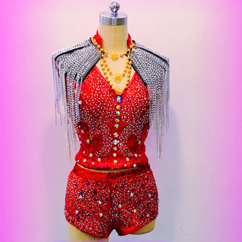 

Женский сценический костюм с красными кристаллами, трико для бара, ночного клуба, вечеринки, танцора, певицы, кисточки, на плече, праздничный...