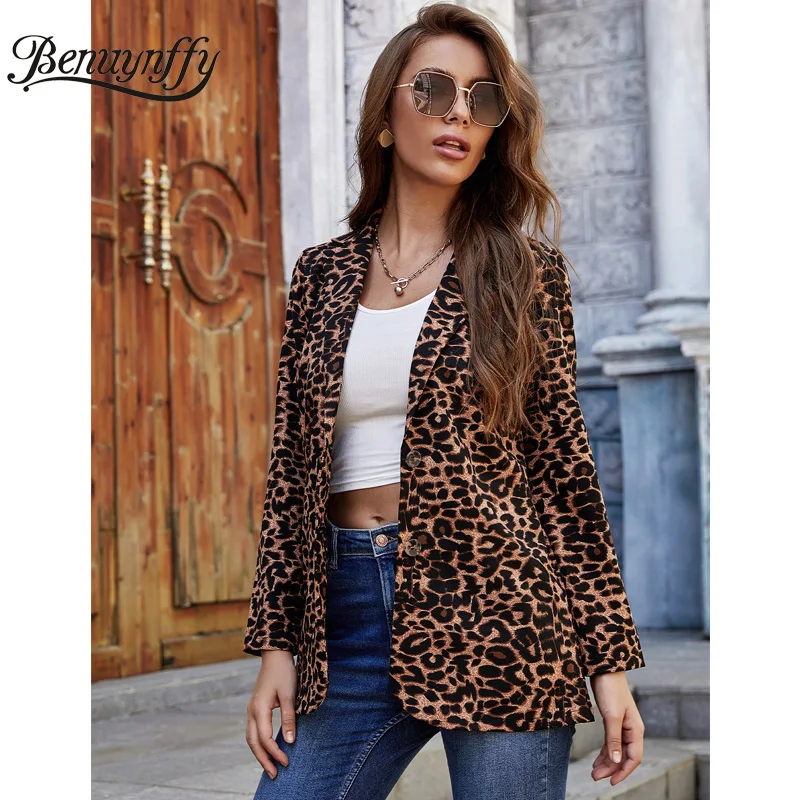 

Benuynffy Fashion Leopard Print Long Sleeve Blazer Women Autumn Casual Single Breasted Jacket Street Office Female Suit Coat