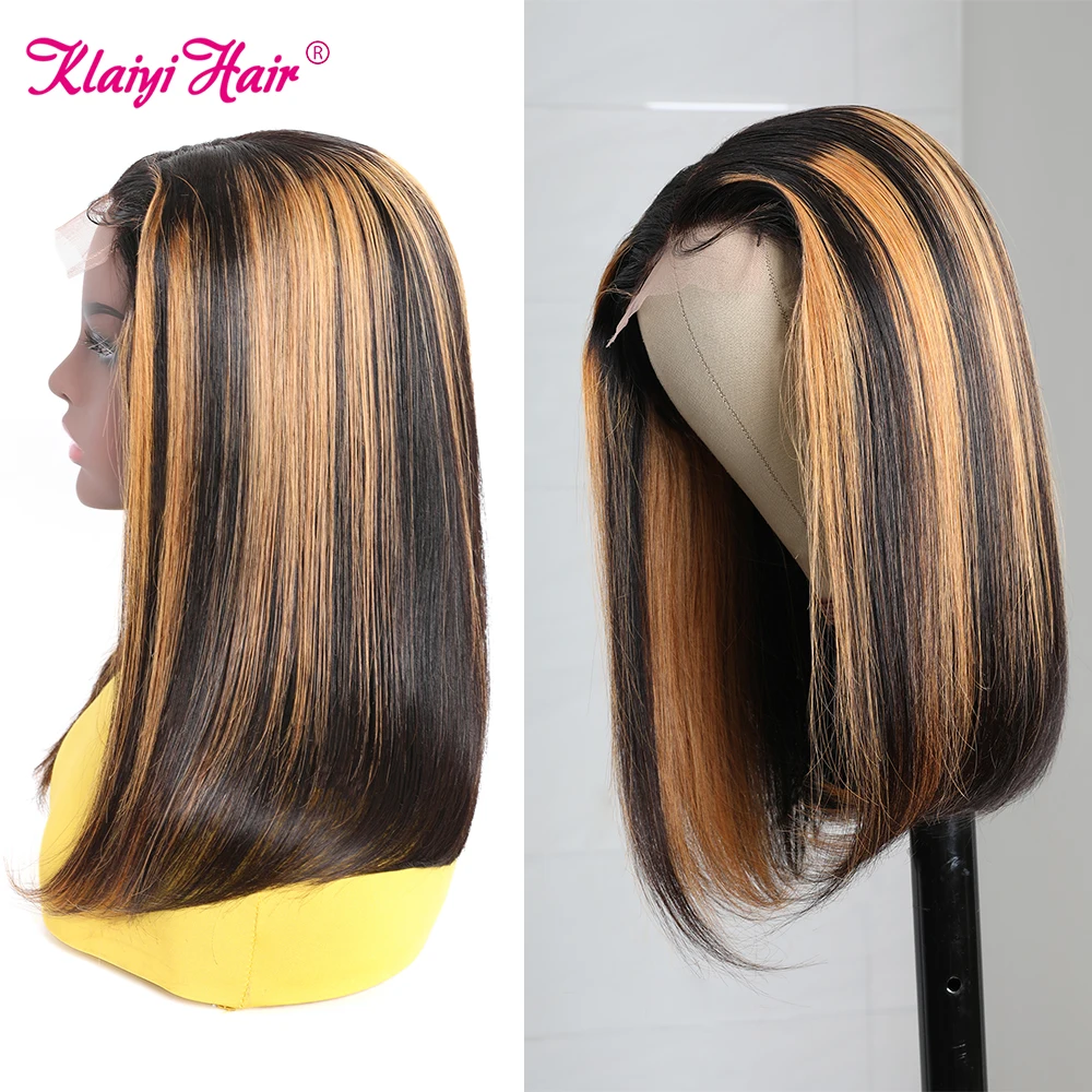 

Klaiyi Hair Ombre Brown Straight Human Hair Short Bob Wig Peruvian Natural Remy Hair Highlight T Part Lace Wigs For Women